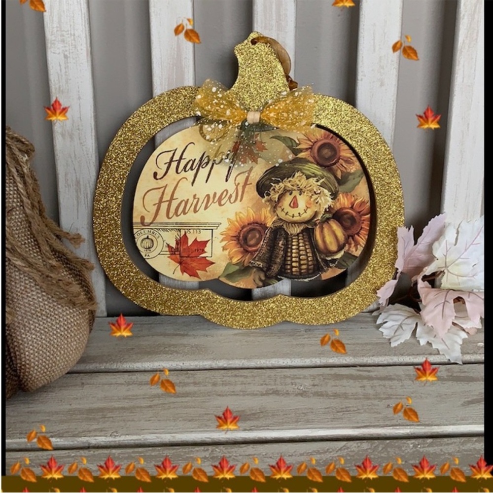 Glittery Gold Pumpkin Harvest Decor Fall Hanging Sign 🍃🆕🍃
